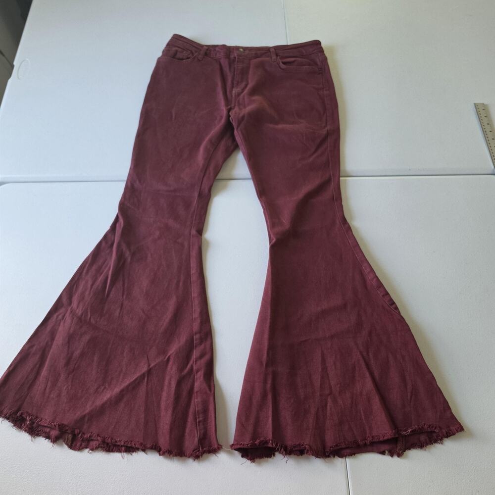 We The Free Jeans Womens 32 Burgundy Flare Bell Bottom Fringe Hem Stretch Denim